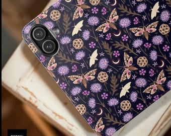 Vintage Moths Faux Leather  Purple Wallet Goth Flip Case | Botanical Night Pattern