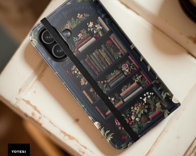 Dark Academia Bookcase Phone Case: Gothic Floral Flip Folio