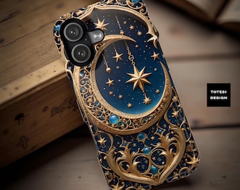Celestial Moon Stars Cosmic  iPhone MagSafe Tough Case: Blue Gold Fantasy