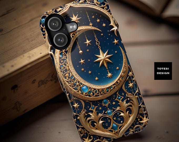 Celestial Moon Stars Cosmic  iPhone MagSafe Tough Case: Blue Gold Fantasy