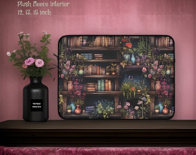 Bookish aesthetic MacBook padded, plush laptop sleeve Plush fleece interior | Sizes 12 13 15 inch sleeve| Garden Whimsical Dark Academia