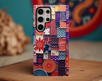 Bohemian Tough Phone Case| Purple Red Patch Pattern  | Dual-Layer Samsung iPhone