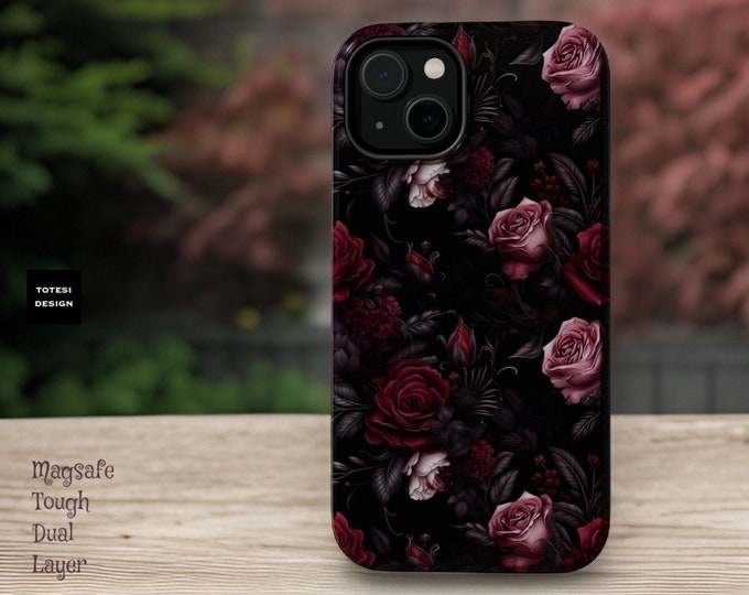 Dark Berry Roses Floral Academia iPhone MagSafe Tough case|  iPhone 16, 15, 14,13 Pro, Plus, Pro Max | Victorian Gothic