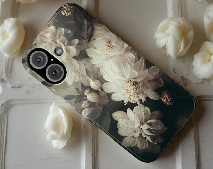 Goth Floral iPhone Case, Slim Cover, Dark Academia Flowers, Women, 16 15 14 13 12 11, Chic Elegant, Moody, Black Rose, Vintage Victorian,