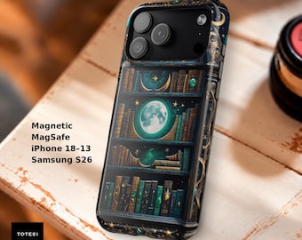 Magical Bookshelf iPhone Case: Dark Academia Celestial Design, MagSafe Compatible