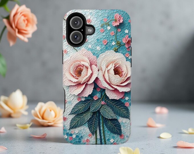 Pink Roses Artsy MagSafe Tough Case - Boho Art Protective Cover, 13-16 Pro Max Plus Cases, Floral Unique Pretty Design