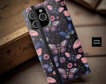 Floral Moth Faux Leather Wallet Phone Case: Card Holder, Boho Chic