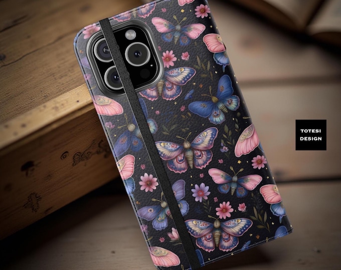 Floral Moth Faux Leather Wallet Phone Case: Card Holder, Boho Chic