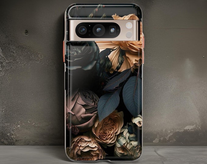 Dark Floral Academia, Google Pixel Tough Phone Case 9 8, 7, 6 Pro, 5 5G | ornamental Victorian Gothic floral, Glossy or Matte