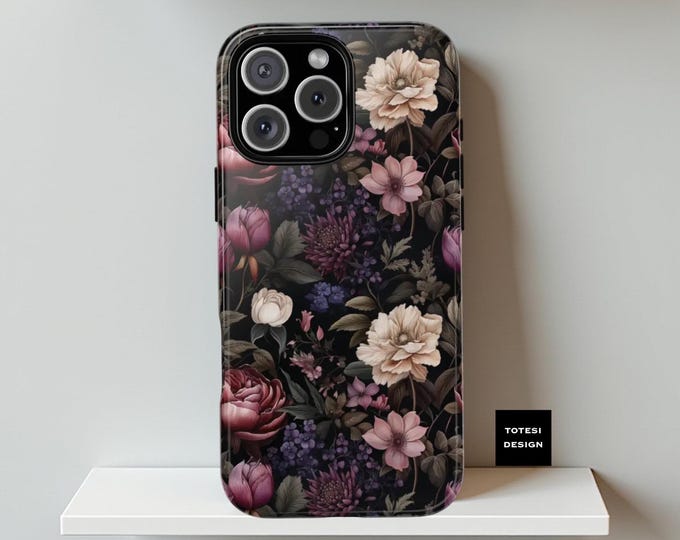 Boho Floral Dark Purple Goth Academia iPhone Tough Case, Samsung Galaxy S24 S23 S22 Plus Ultra Glossy Matte | Trendy Phone Cover, Unique