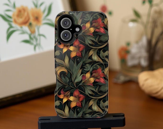 Phone Case, Botanical Green Vintage Art Deco Floral Design, MagSafe Tough Cover, Impact-Resistant