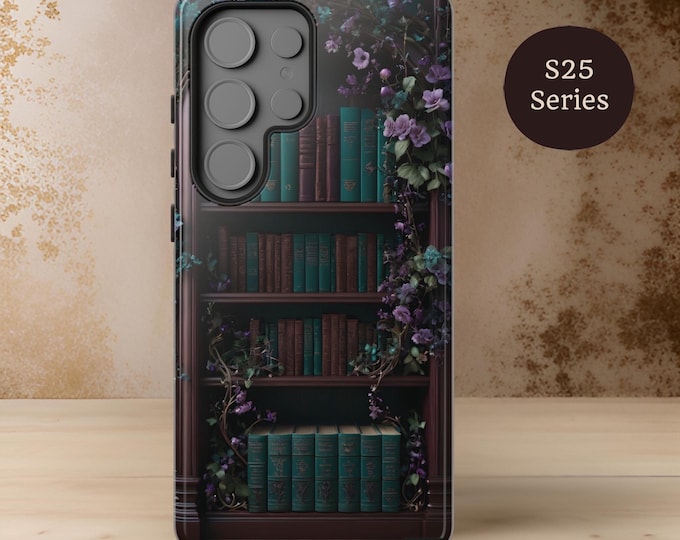 Dark academia vintage bookcase Green Floral Samsung iPhone Tough Sturdy phone cases S25 S24 S23 S22 Plus Ultra 16 15  | book goth lover gift