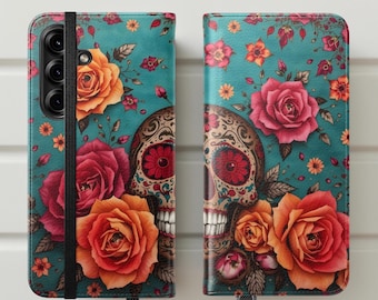 Bohemian skull vintage floral art Folio Wallet Samsung Galaxy Case, Unique Art , iPhone 16 15 14 Flip Stand Cases