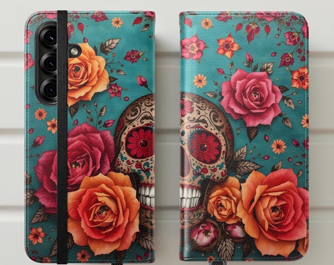 Bohemian skull vintage floral art Folio Wallet Samsung Galaxy Case, Unique Art , iPhone 16 15 14 Flip Stand Cases