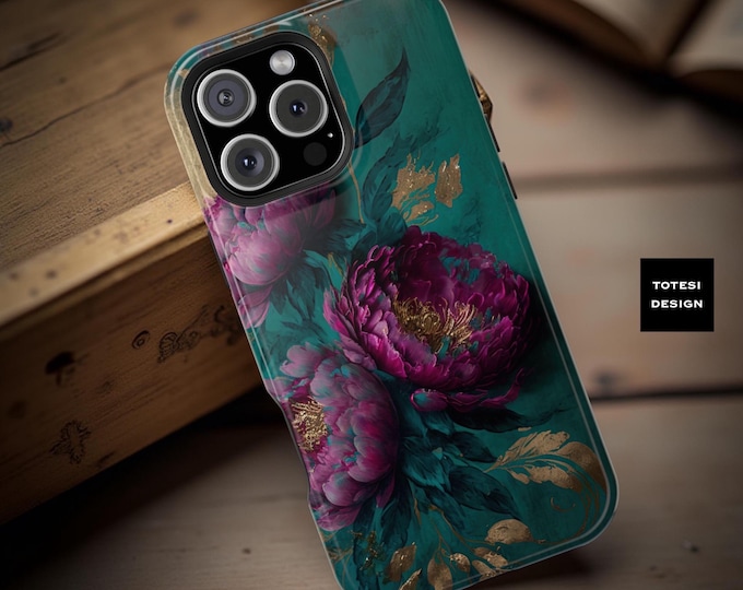 Floral Turquoise iPhone Case: Magenta Peonies, MagSafe Compatible