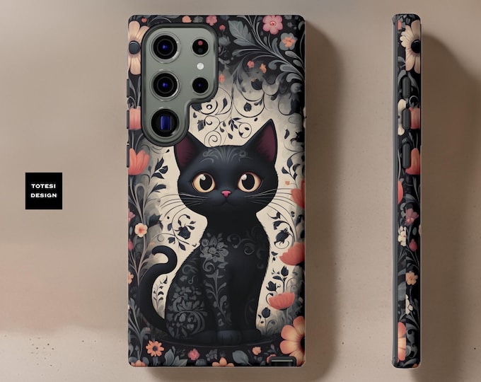 Phone Case - Black Cute Kitty Cat Floral, iPhone, Samsung Galaxy Tough Case, Gift for Her, Protective Cover, Whimsical Design Cat Lover Gift