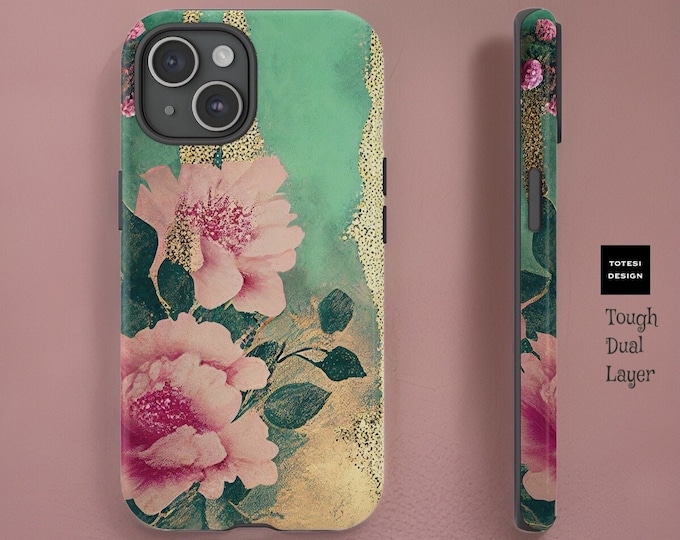 Turquoise Pink floral fine art Samsung iPhone  tough cases |S23 S22 S21 15 14 13  Plus Pro Max Ultra |Glossy Matte