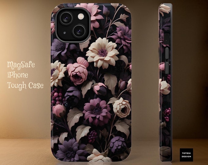 Pretty Chic Dark Floral Purple aesthetic iPhone impact resistant sturdy premium  case - Phone 13 14 15 16Pro Max Plus Mini | Glossy or Matte