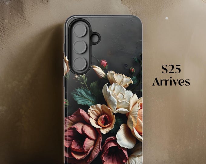 Chic Black Floral iPhone Case 16 15 14 13 12 11 Plus Pro Max Dual layer sturdy phone case, Samsung Galaxy S25 S24 S23 S22 Plus Ultra
