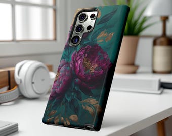 Turquoise Purple dark floral fine art iPhone 16 15 14 13 12 11 Samsung tough cases |S25 S23 S22 Plus Ultra | Galaxy cases