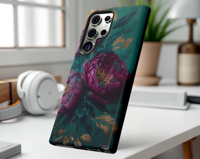 Turquoise Purple dark floral fine art iPhone 16 15 14 13 12 11 Samsung tough cases |S25 S23 S22 Plus Ultra | Galaxy cases