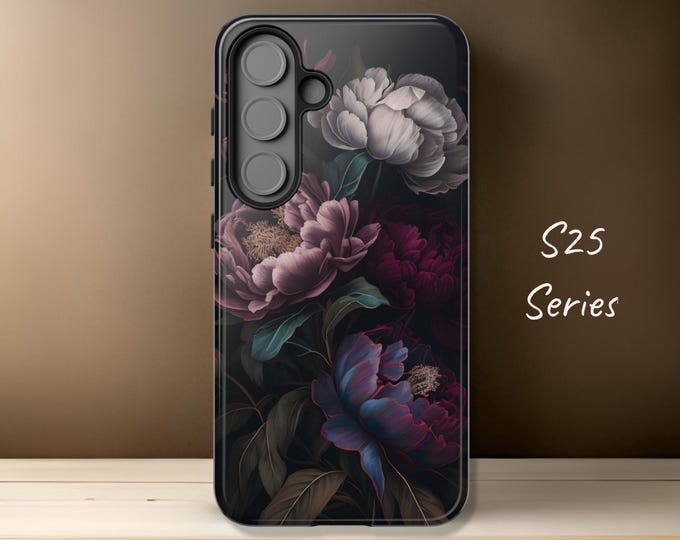 Gothic Floral Tough Case, Romantic Victorian Peony, iPhone Samsung Galaxy S25 S24 S23 S22 Ultra, Ornamental Black, Dark Moody | Alternative: