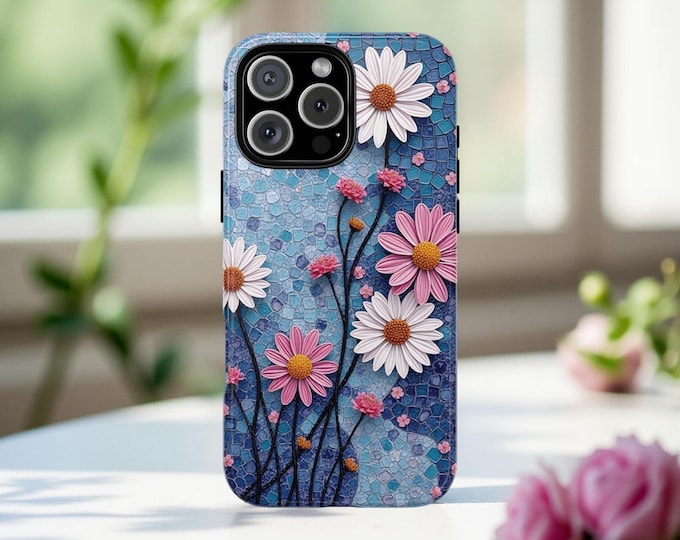 Daisy Flower Phone Case, Tough Samsung Galaxy iPhone Case, Colorful Floral Art, Unique Whimsy Design, Modern Blue Pink Case, Protective