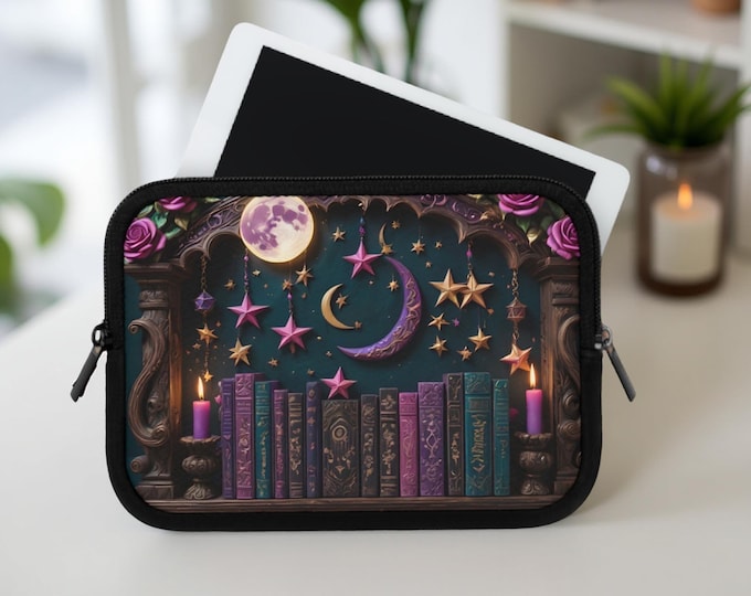 Bookshelf Fantasy Celestial Goth Laptop Sleeve, Padded Mac iPad Kindle Cover, Magical Gift for Her, Tablet Mac iPad, Protective Tech Case,