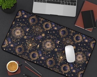 Celestial Desk Mat, Cosmic Office Accessory, Astrology Decor, Starry Workspace Gift, Moon Phases Mat
