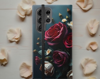 Floral Faux Leather Wallet Phone Case: Dark Rose iPhone Galaxy Cover