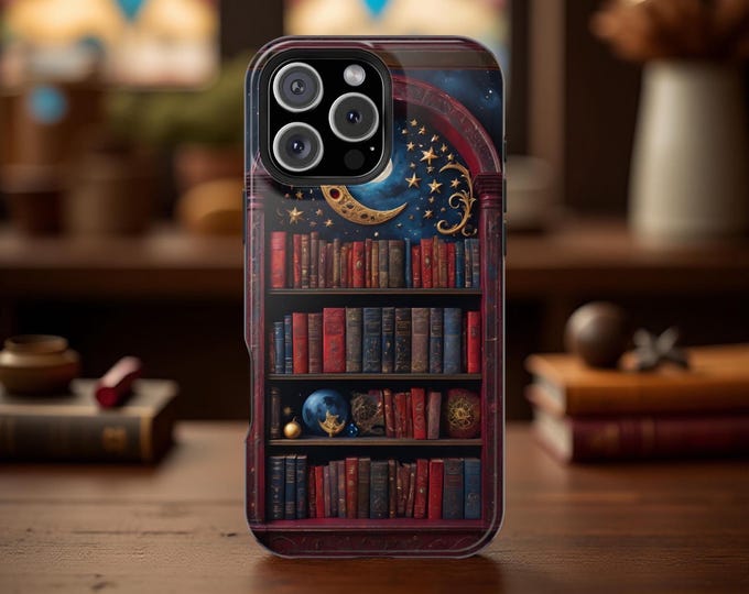 iPhone Tough Case, Bookshelf Library Magical MagSafe Vintage Aesthetic 13 14 15 16 Pro Max Plus, Fantasy whimsy Bookcase, Bookish Gifts