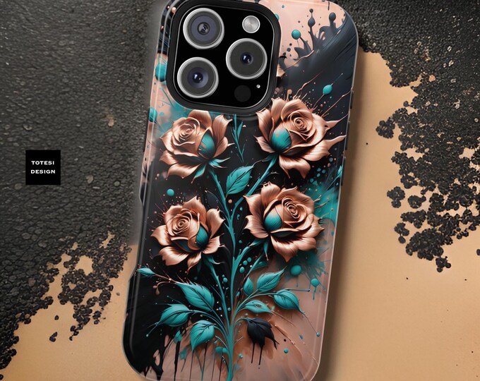 Phone Case Modern Art Flowers Rose Gold Turquoise, MagSafe Compatible, Stylish Gift, iPhone 16 15 14 13 Pro Max, Magnetic Tough Cases