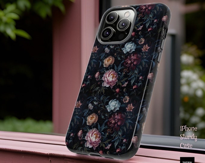 Moody Romantic Vintage dark floral peony art tough iPhone case | iPhone 15 14 13 12 11 Pro Max Plus Mini|Glossy or Matte