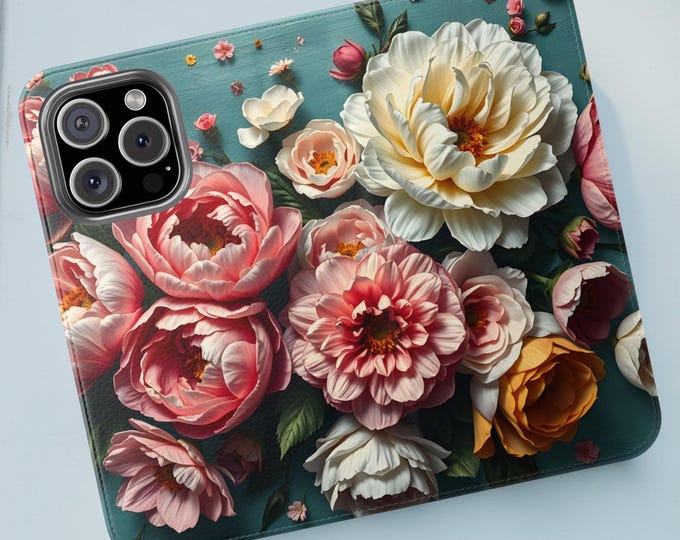 Wallet Phone case  Botanical Peony Daliah Pink Flower Bouquet Flip Case Card Slots Stand