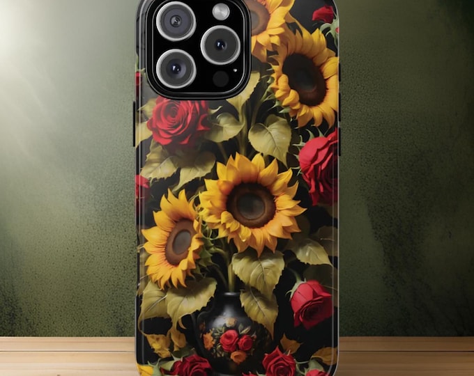 Phone Case Sunflowers Red Roses, Tough Cases for iPhone Samsung S25 S24 S23, Floral Tough Phone Cover,  iPhone 16 15 14 13 pro max plus