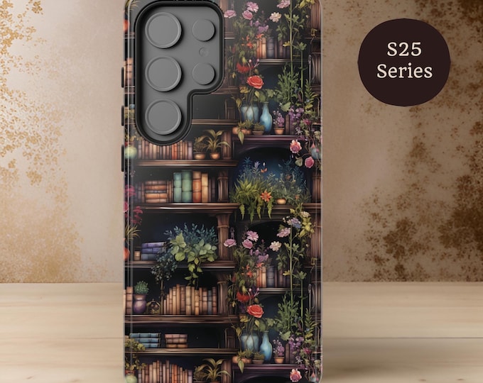 Book Case Shelves Samsung S25 S24 S23 S22 S21,  iPhone  16 15 14 13 12 11 Pro Max Plus Whimsical Dark Academia literary Bookish Reader gift
