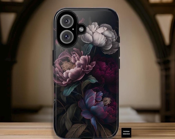 Gothic Floral Tough Case, Romantic Victorian Peony, iPhone 16 15 14 13 12 11 Galaxy S24 S23 S22 S21 Ultra, Ornamental Black, Dark Moody