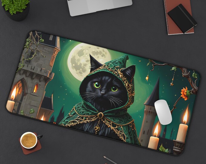 Gothic Green Cat Desk Mat, Cozy Office Decor, Cat Lover Gift, Halloween Home Office Accessory, Witchy Aesthetic Decor
