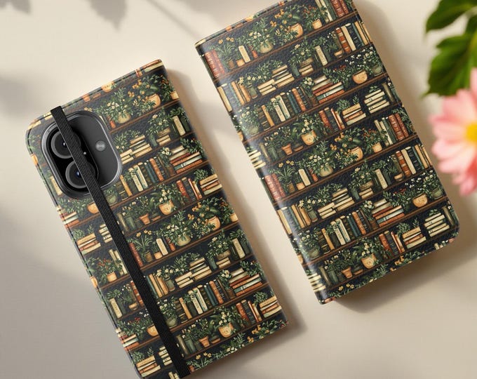 Green Plants Bookish Nature Bookshelf Wallet Folio Flip Cases - reader Phone Case Cardholder, Book Lover Gift, iPhone Samsung Phone Cover