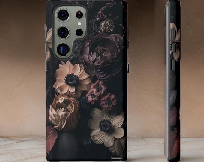 Dark Floral Academia, Samsung Galaxy Tough Case S25 S24 S23 S22 Ultra Plus| iPhone 16 15  ornamental Victorian Gothic Black | Glossy Matte