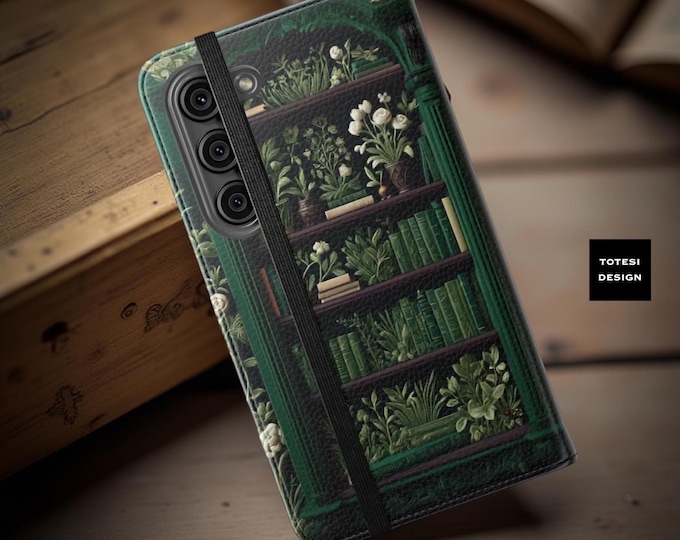 Floral Bookcase iPhone Wallet Case: Green Vintage Books, Cardholder Stand