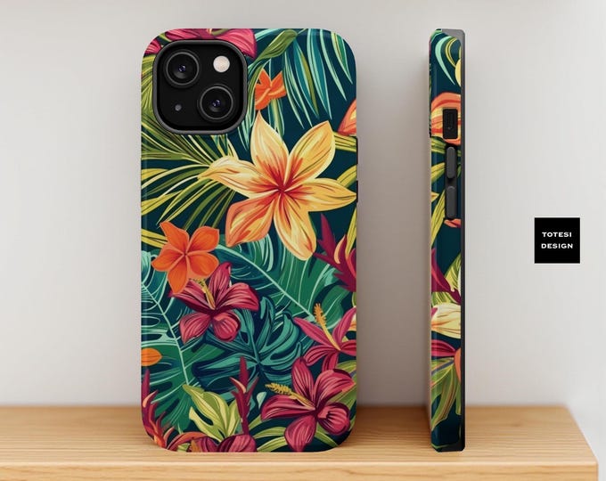 Tropical Flower Magnetic Tough Case, Retro Colorful iPhone Case 16 15 14 13, Summer MagSafe Case, Floral Phone Cover, Protective Phone Case
