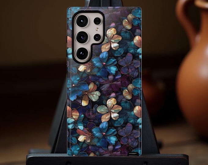 Blue Floral Mosaic Art Phone Case: Gothic Stained Glass Effect