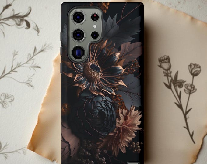Chic Black Dark Moody Floral Academia Gothic Samsung Galaxy Tough Case S25 S24