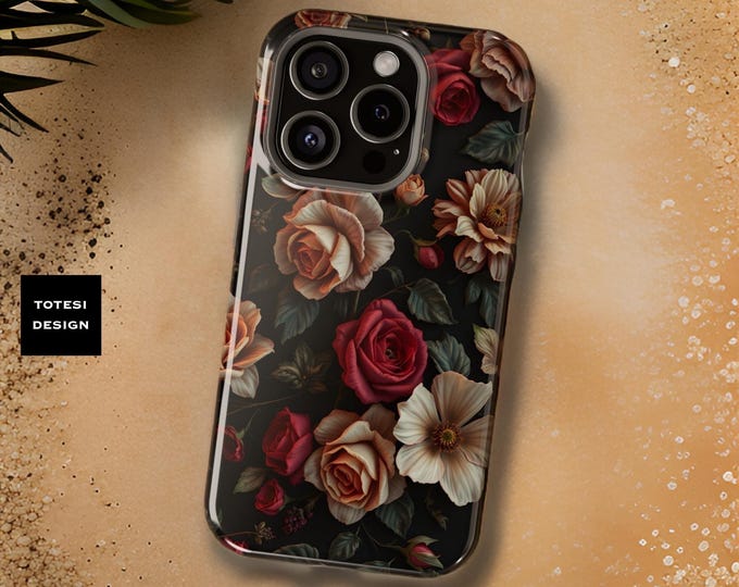 Dark Floral Magnetic iPhone Dual Layer premium phone case Unique Flower Art aesthetic  | Tough 13 14 15 Pro Max Plus Mini | Glossy  Matte