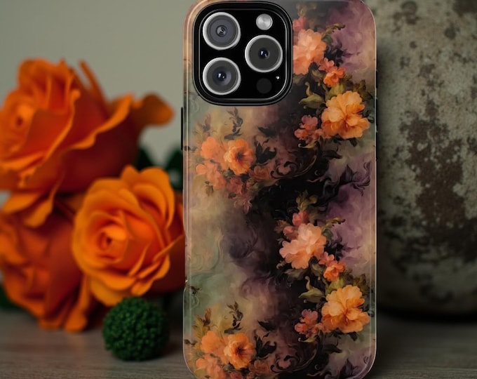 Floral Phone Case - Tough Cases, Stylish Phone Accessories, Flower Pattern Cover, Dark floral Orange roses  Phone Protection