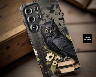 Books Goth Owl dark academia iPhone Samsung Galaxy phone cases, book owl lover gift