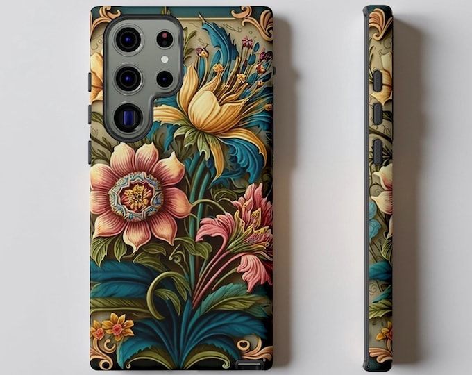 Vintage Floral Tough Case, Chic Boho Phone Cover for iPhone Samsung Google - Glossy or Matte, Pro Max Plus Ultra Mini, 16 15 14 13 12 S24
