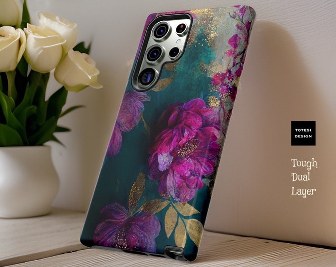 Turquoise Purple Pink dark floral fine art Samsung tough cases | S24 S23 S22 S21 Plus Ultra |iphone 16 15 13 12 Glossy Matte