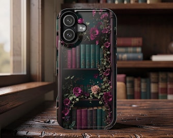 Floral Bookshelf MagSafe iPhone Case: Dark Academia Style